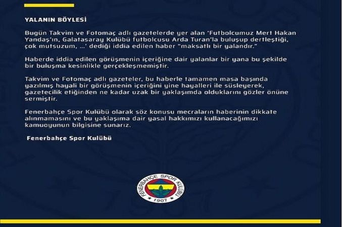 Fenerbahçe, yaptığı açıklamada Mert Hakan Yandaş hakkında çıkan haberleri yalandı! 2